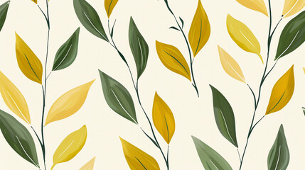 Obraz premium A nature-inspired hand-drawn pattern of tropical leaves in Moss green and Butter yellow, set against a soft white background for a fresh, organic vibe