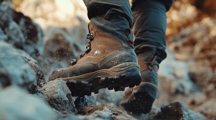 Rugged outdoor hiking boots on rocky trail in mountain landscape