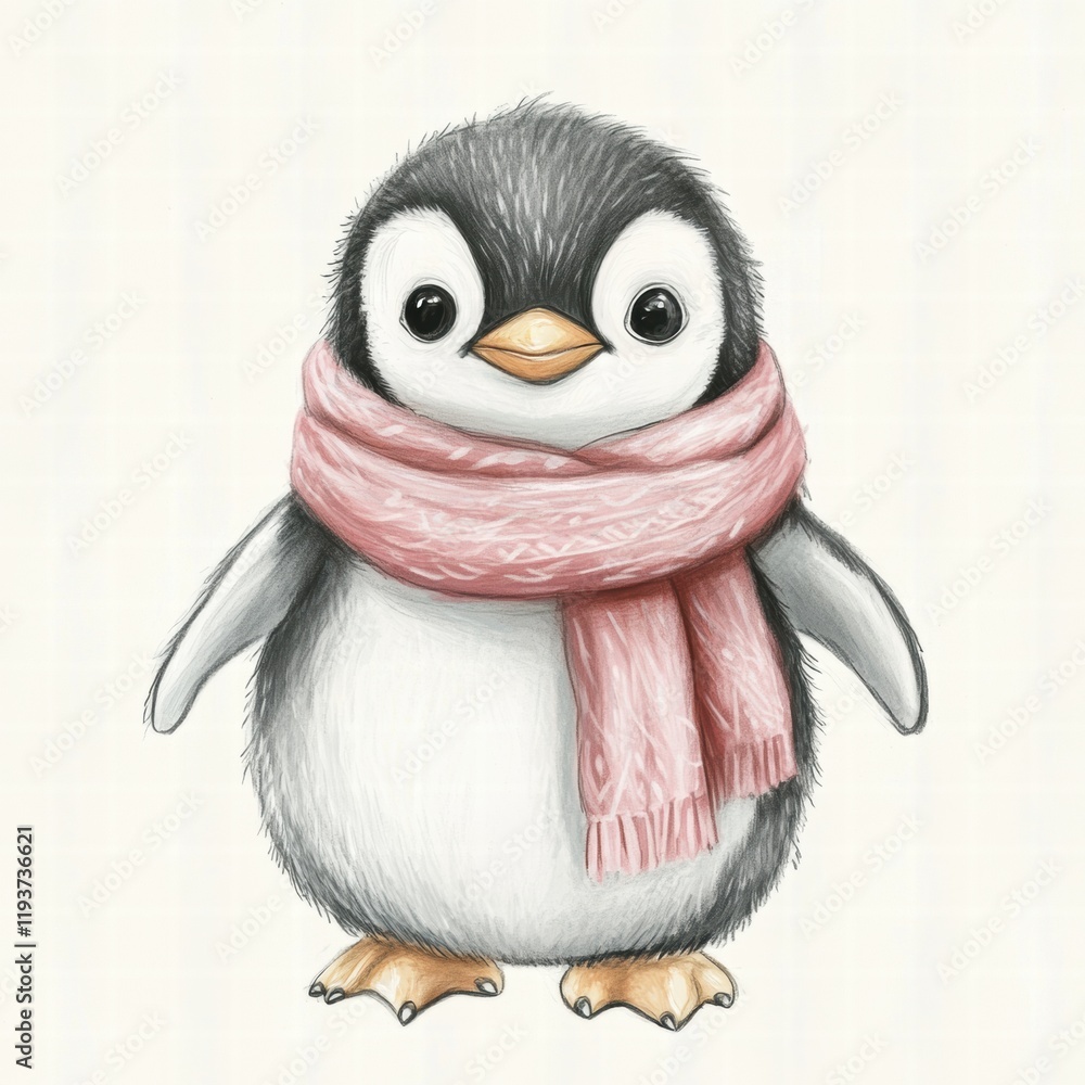 Aufkleber cute penguin wearing a pink scarf and posing on a light background in a playful winter setting. gene
