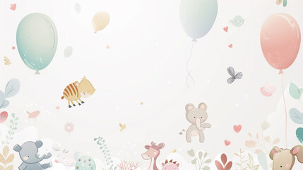 Fototapeta premium A playful children's background featuring cartoon-style animals and balloons in Mocha Mousse and pastel pink, floating on a white canvas for a whimsical effect