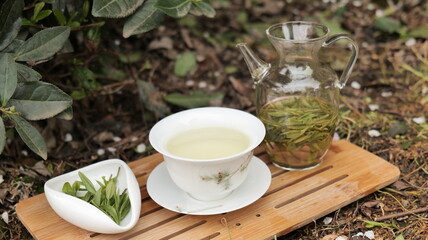 Chinese teapot and cups with longjing tea , Hangzhou China. . High quality photo