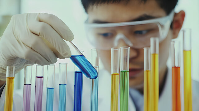 Scientist conducts experiment with colorful liquids in laboratory during daytime, showcasing precise technique and concentration
