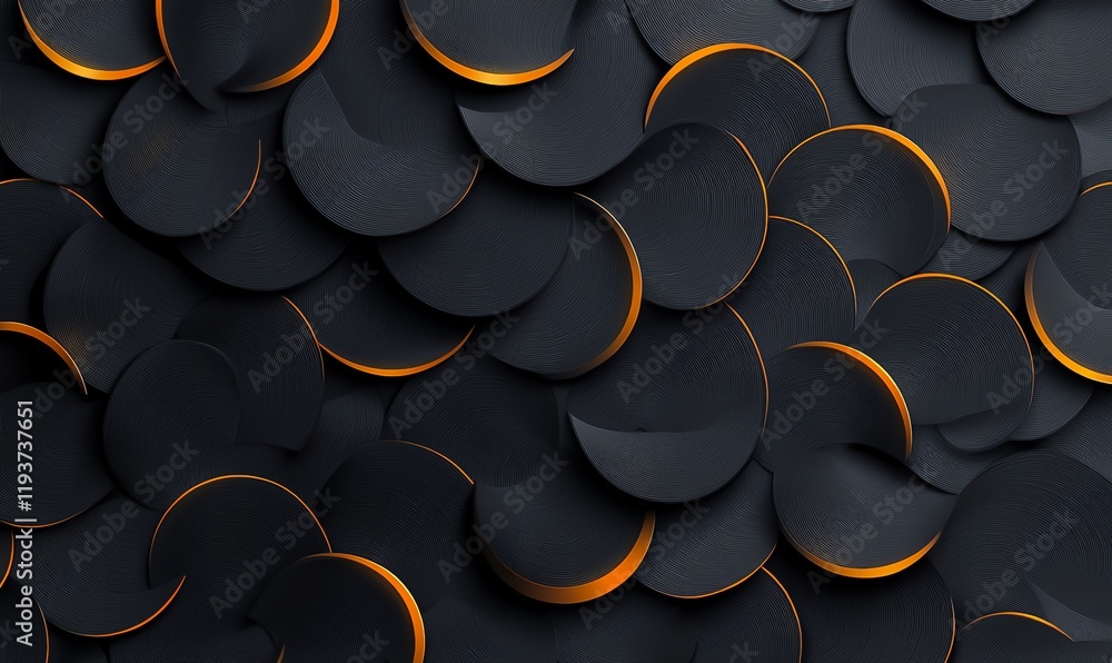 Poster an abstract composition of layered circular shapes in black and orange. the design showcases depth a