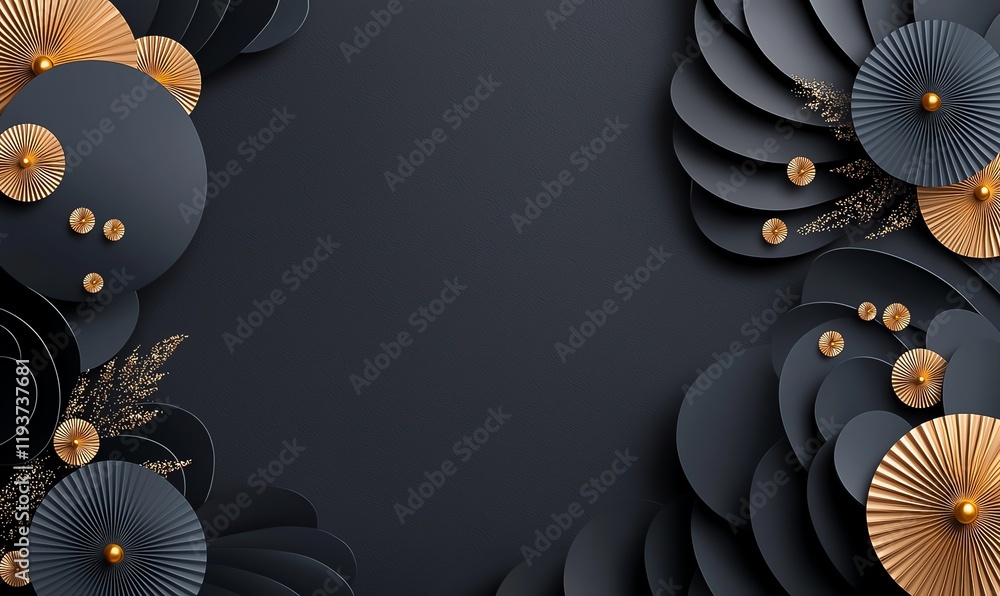 Poster a stunning abstract composition featuring dark and gold paper cut shapes, creating an elegant frame 
