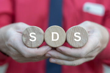 Business person holding wooden cylinders with letters sees abbreviation: SDS. SDS Safety Data Sheets Industry Business Education Concept.