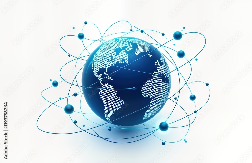 Poster Global tech icon shows interconnected world. Globe represents global business connected by modern network lines, digital tech. Global communication represented. Digital transformation. Futuristic