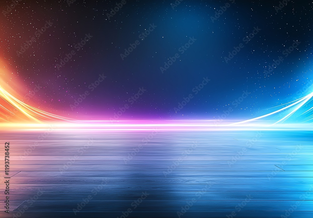 Poster an abstract digital background featuring vibrant neon light waves in orange and blue, creating a fut