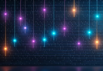 Obraz premium A vibrant display of colorful lights suspended against a dark brick wall, creating an inviting and festive atmosphere