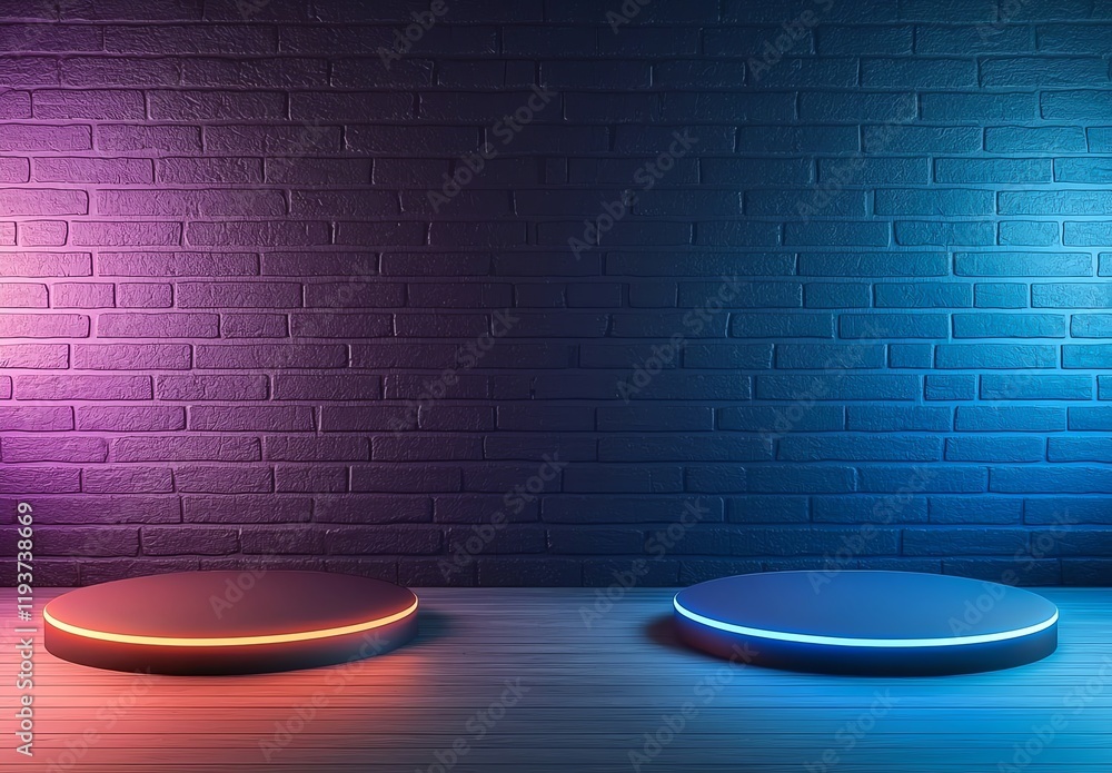 Aufkleber this image features two circular platforms illuminated by vibrant led lights against a textured bric