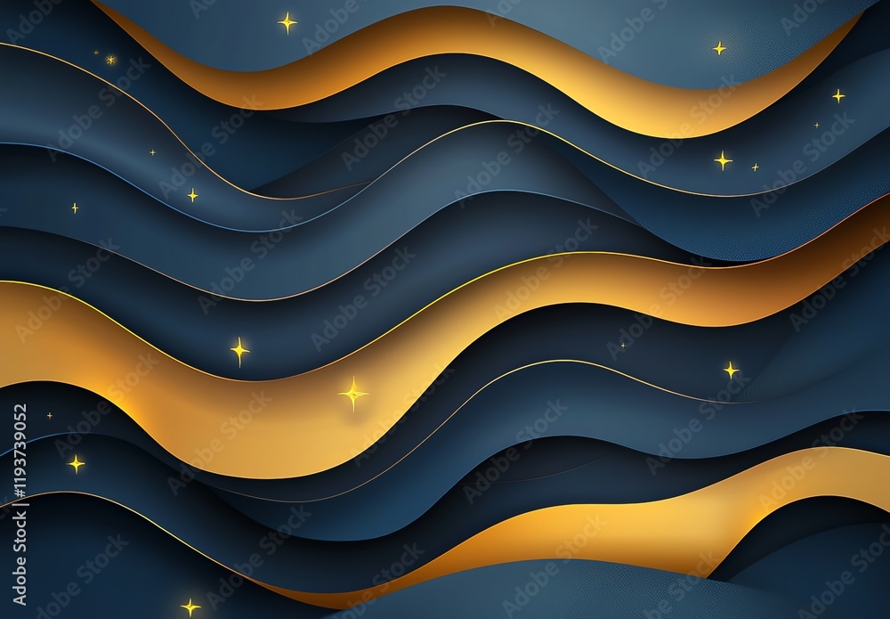 Poster an elegant abstract background featuring flowing waves of dark blue and gold, creating a luxurious a