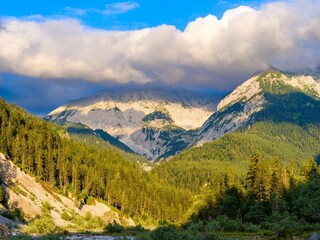 Fototapeta premium Mount Schaufelspitze Mount Bettlerkar Spitze. Karwendel Mountains near Eng Alpe in the valley of Rissbach Creek in Tyrol. Austria