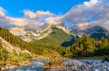 Mount Schaufelspitze Mount Bettlerkar Spitze. Karwendel Mountains near Eng Alpe in the valley of Rissbach Creek in Tyrol. Austria