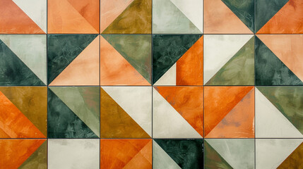 A vibrant geometric tile pattern with alternating blocks of Tangerine, Moss green, and Champagne beige, offering a trendy and structured design