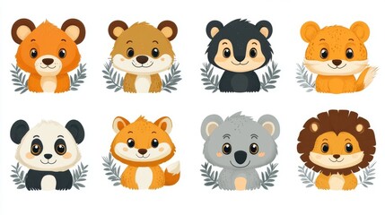 Naklejka premium Set of cute cartoon animals with wreaths. illustration