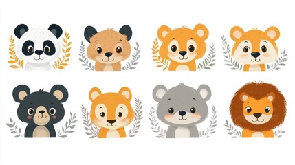Fototapeta premium Set of cute cartoon animals with wreaths. illustration