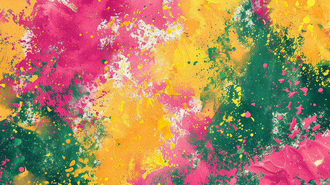 A vibrant Holi festival-inspired background with splashes of Tangerine, Chartreuse, and flamingo pink powders, capturing joy and energy
