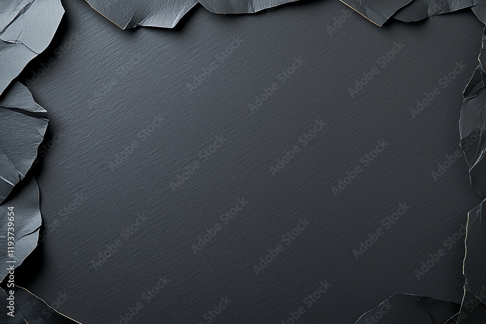 Poster an artistic display featuring a textured black background framed by jagged pieces of torn paper, cre