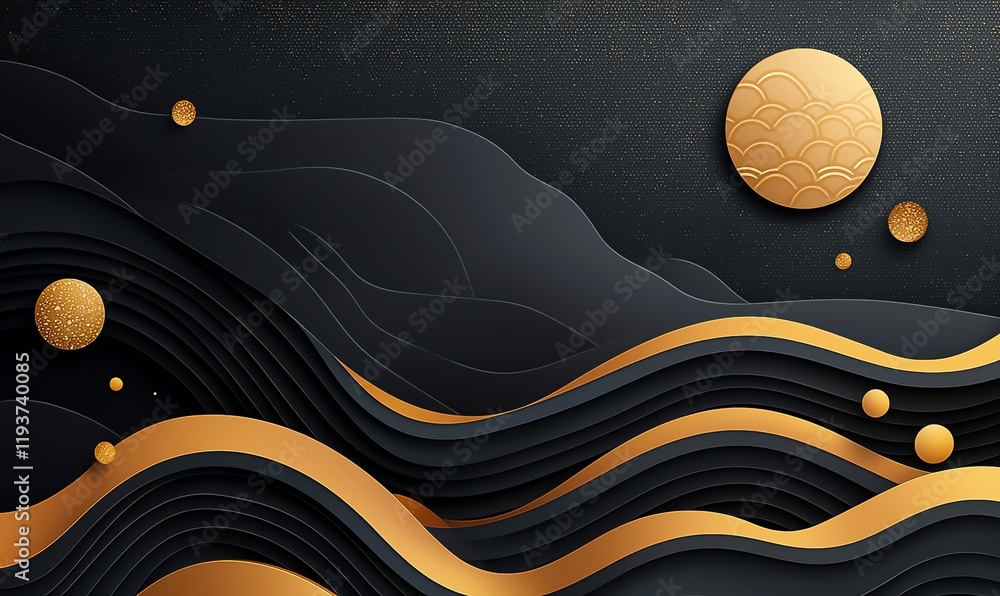 Poster an abstract design featuring flowing waves in black and gold, creating a visually striking contrast.