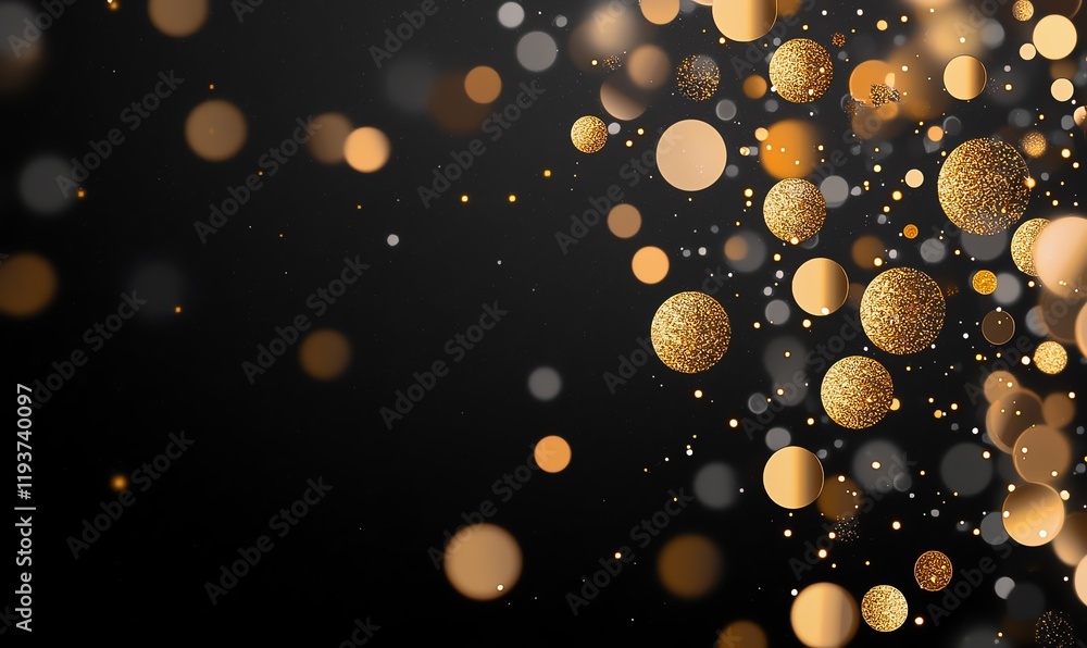 Poster a mesmerizing display of shimmering golden and silver particles on a dark background, perfect for ad