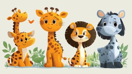 Naklejka premium Cute cartoon animals set. Vector illustration of wild african animals
