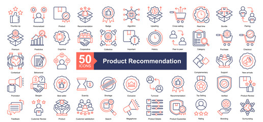 Product Recommendation Icon Collection Set.Containing Personalized, Product, Recommendation, Badge, Algorithm, Upselling, Cross selling, Real time icon. Simple dual tone style Vector Illustration.