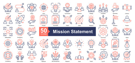 Fototapeta premium Mission Statement Icon Collection Set.Containing Mission, Purpose, Values, Vision, Core Focus, Commitment, Statement, Strategy icon. Simple dual tone style Vector Illustration. 