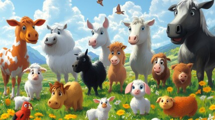Naklejka premium Funny farm animals on the green meadow. illustration