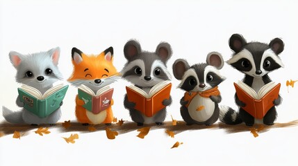Fototapeta premium group of raccoons with a book on a white background