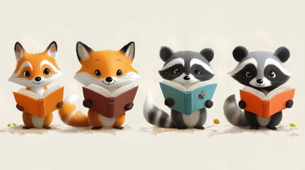 Fototapeta premium group of raccoons with a book on a white background