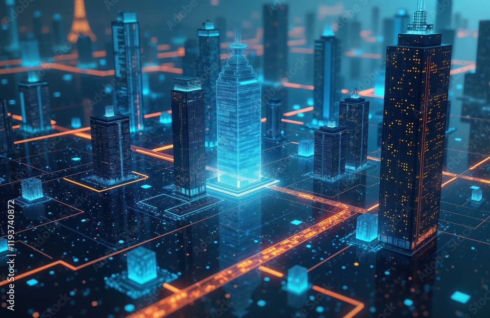 Aufkleber futuristic city with tech connectivity. buildings interconnected by glowing tech lines. advanced urb