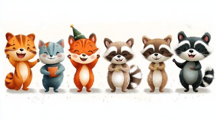 Obraz premium Group of cute cartoon raccoons isolated on a white background
