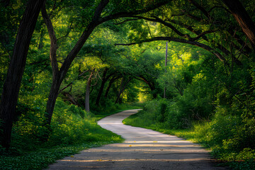 Obraz premium Serene Canopy: A Picturesque Hiking Trail Enveloped in Lush Greenery in Kansas City