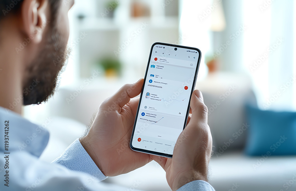 Poster a person using a smartphone to browse applications at home, showcasing modern technology integration
