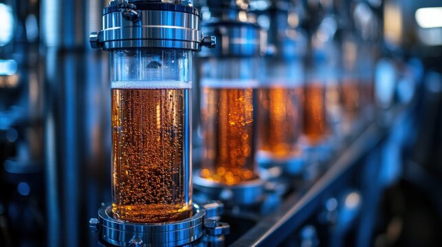Close-Up View of a Modern Brewing Process Highlighting Bubbly Amber Liquid in Glass Cylinders Within a State-of-the-Art Brewery Facility
