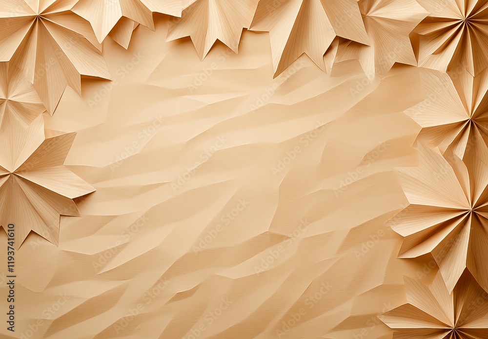 Poster a stunning composition of intricately folded paper in warm tones, creating a textured backdrop that 