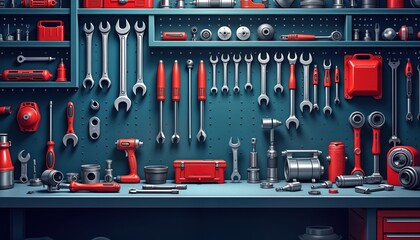 Close-up view of well-organized mechanic workbench. Various automotive tools, spare parts neatly arranged on surface. Red, metal tools including wrenches, screwdrivers hanging on wall. Plenty of