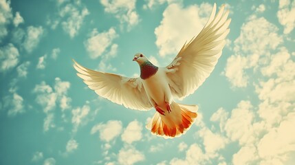 Obraz premium White Dove in Flight Against a Blue Sky