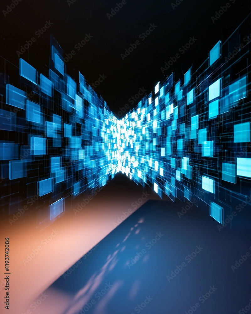 Poster digital data visualization with digital art in a futuristic style representing information flow and 