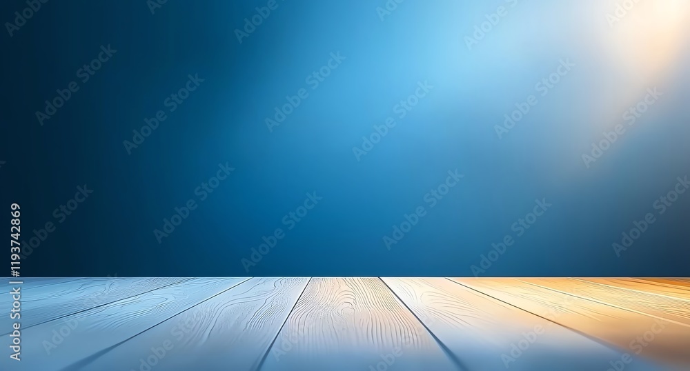 Poster a serene and minimalistic background featuring a smooth wooden floor with a soft gradient of blue an
