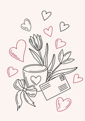 Hand drawn Valentines Day vector card illustration with tulips, hearts, champagne glasses, letter, cup. romantic elements. Black and red. Sketch style for cards, prints, posters, decor, design