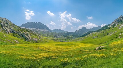 Obraz premium Panoramic View of Mountain Valley with Lush Meadow and Blue Sky