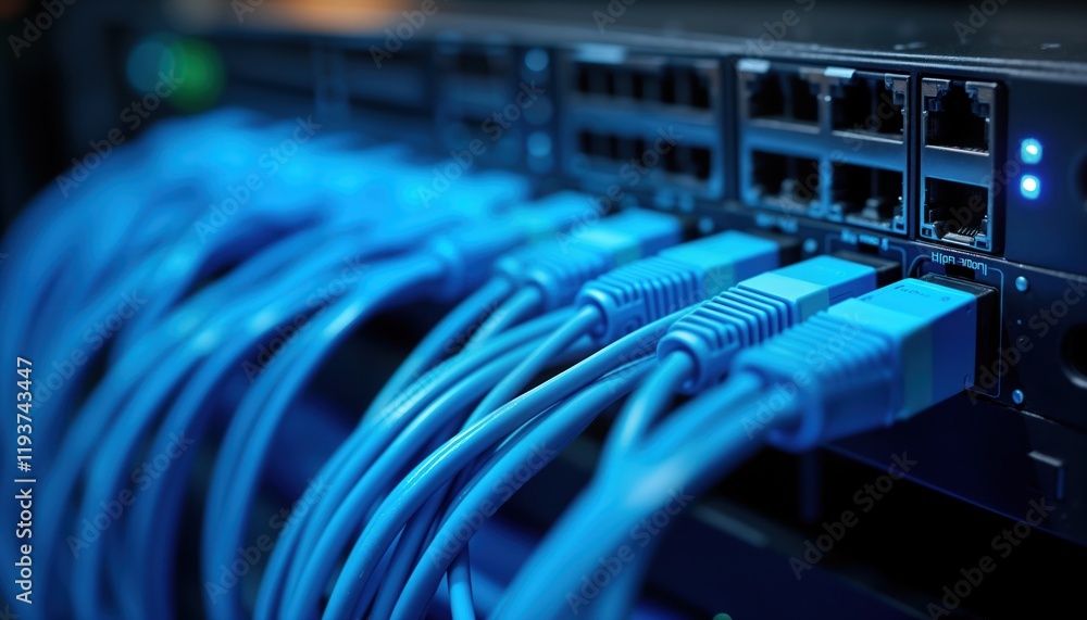 Poster Blue network cables connected to black server rack. Close up view of complex network connectivity. Modern tech infrastructure. Fast data transfer. High speed connection. Reliable internet. Data