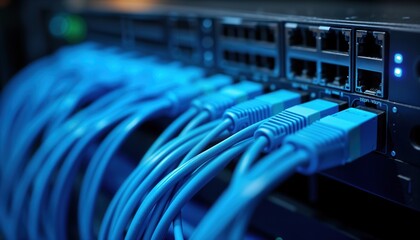 Blue network cables connected to black server rack. Close up view of complex network connectivity. Modern tech infrastructure. Fast data transfer. High speed connection. Reliable internet. Data