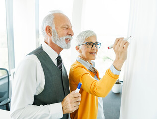 Obraz premium business meeting businesswoman woman elderly senior office presentation whiteboard businessman man teamwork colleague seminar businessperson mature gray hair discussion