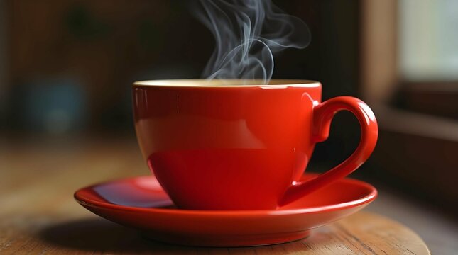 A steaming cup of coffee in a vibrant red mug rests on a wooden table, inviting warmth and relaxation