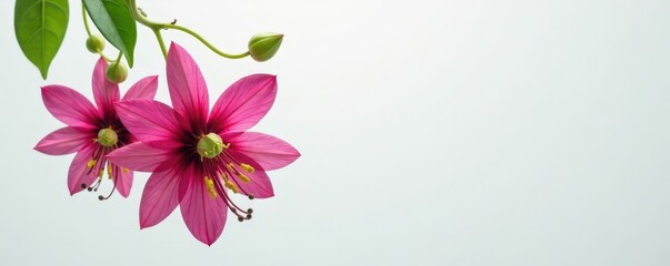 Fototapeta premium Duo of contrasting passion flowers, delicately hanging on a pure white backdrop , decoration, colorful, beauty