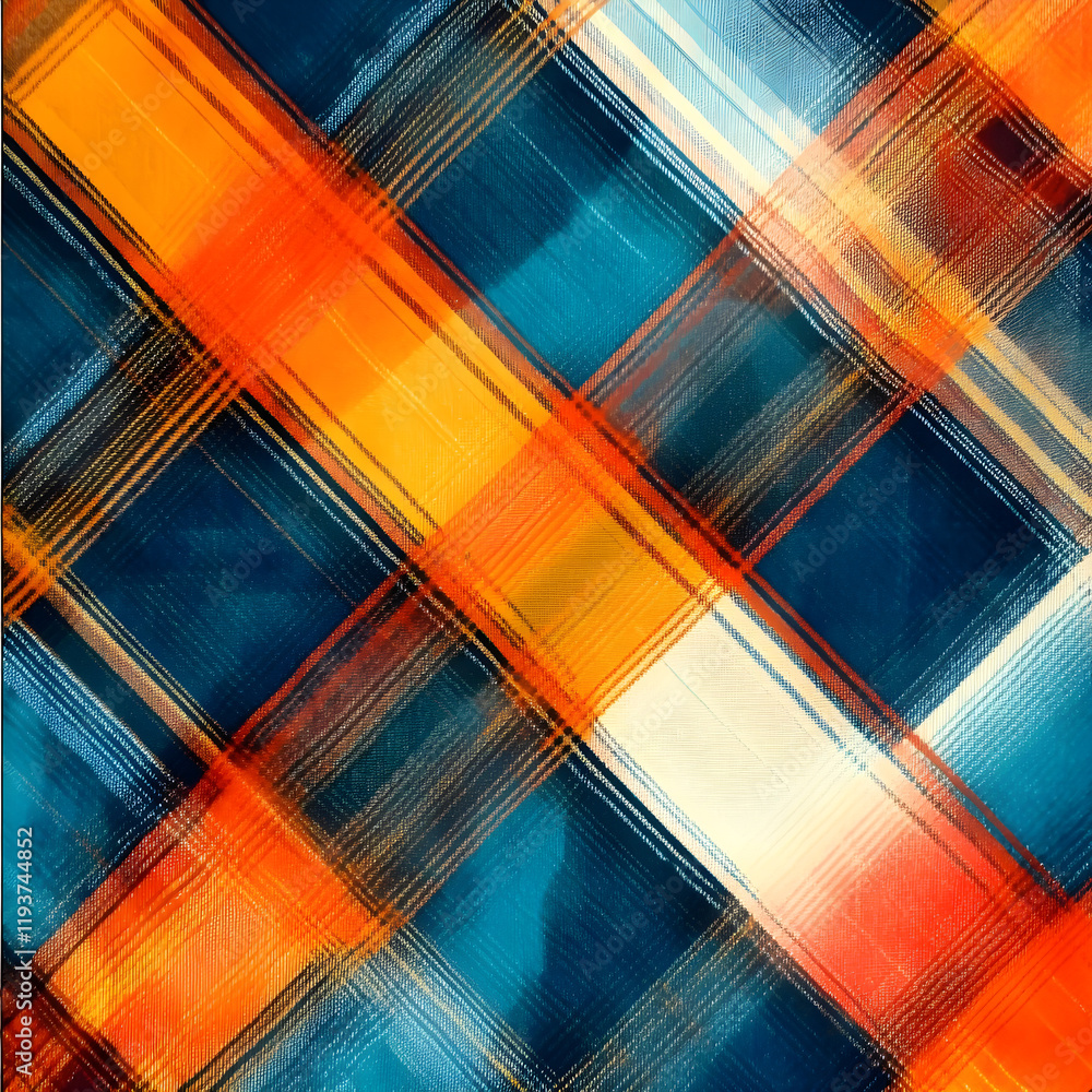 Poster colorful gingham pattern creating dynamic diagonal lines with teal and orange hues