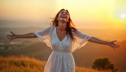 Woman stands joyfully on hilltop at sunset. Wears white dress, stretches arms wide expressing freedom, happiness. Scenic outdoors location. Golden hour light. Positive energy, emotional liberation.