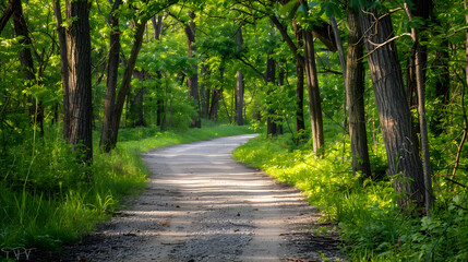 Fototapeta premium Serene Canopy: A Picturesque Hiking Trail Enveloped in Lush Greenery in Kansas City