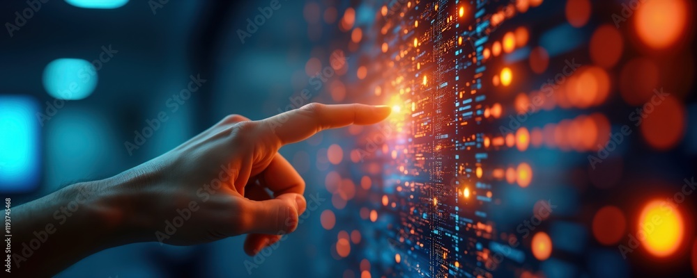 Aufkleber Hand touches glowing digital interface. Tech professionals interact with dynamic displays. Business growth facilitated by seamless communication. Network connectivity. Modern tech design. Innovative